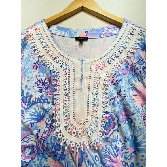 Talbots Lace Trim Tunic Flowing Floral Blouse Womens XL Blue 3/4 Sleeves Boho - Picture 5 of 11